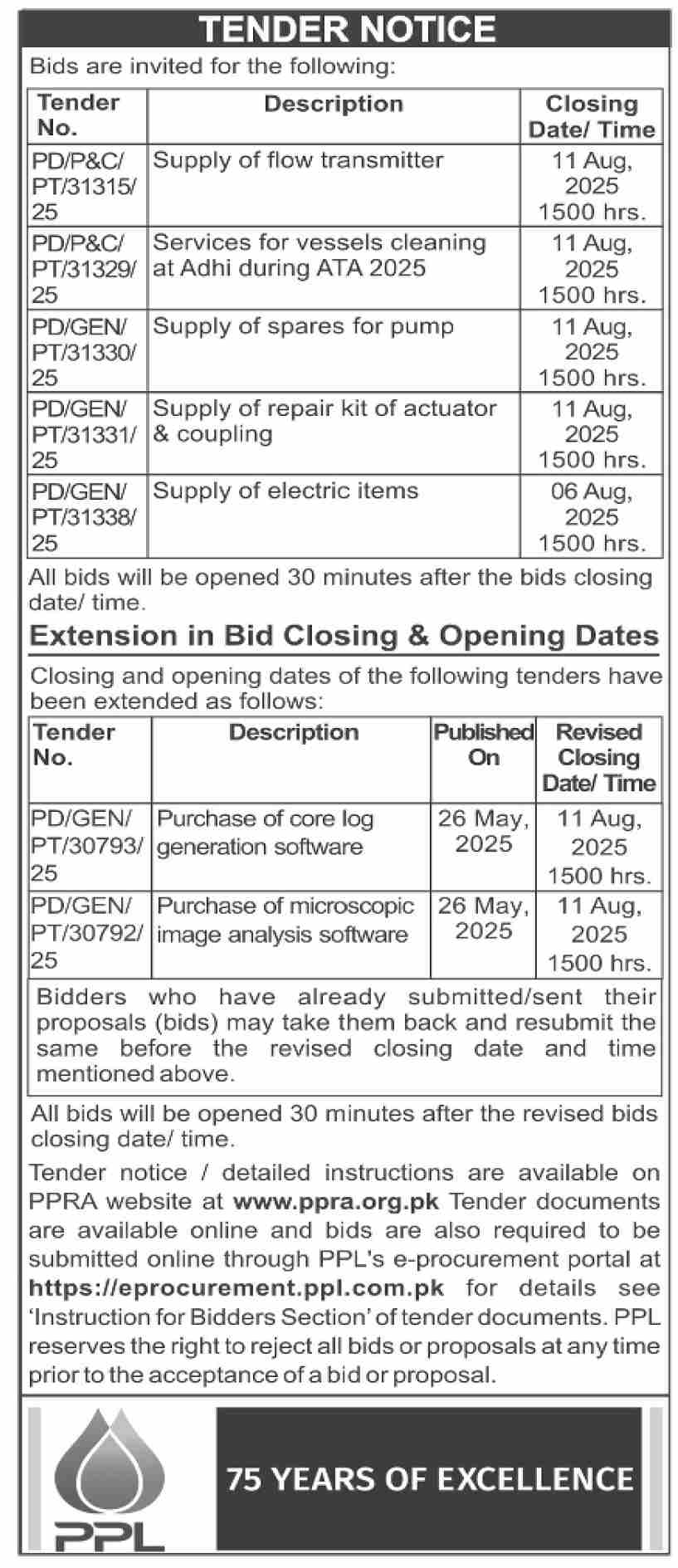 PPL Tender Notice